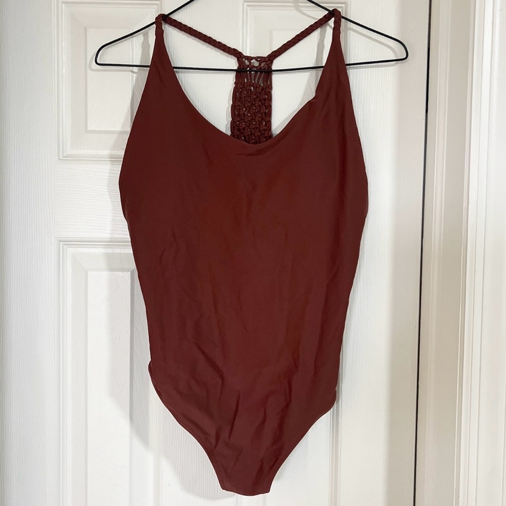 Aerie Auburn Sienna Braided Boho One Piece Racerback Swimsuit M Brown Retro 70s